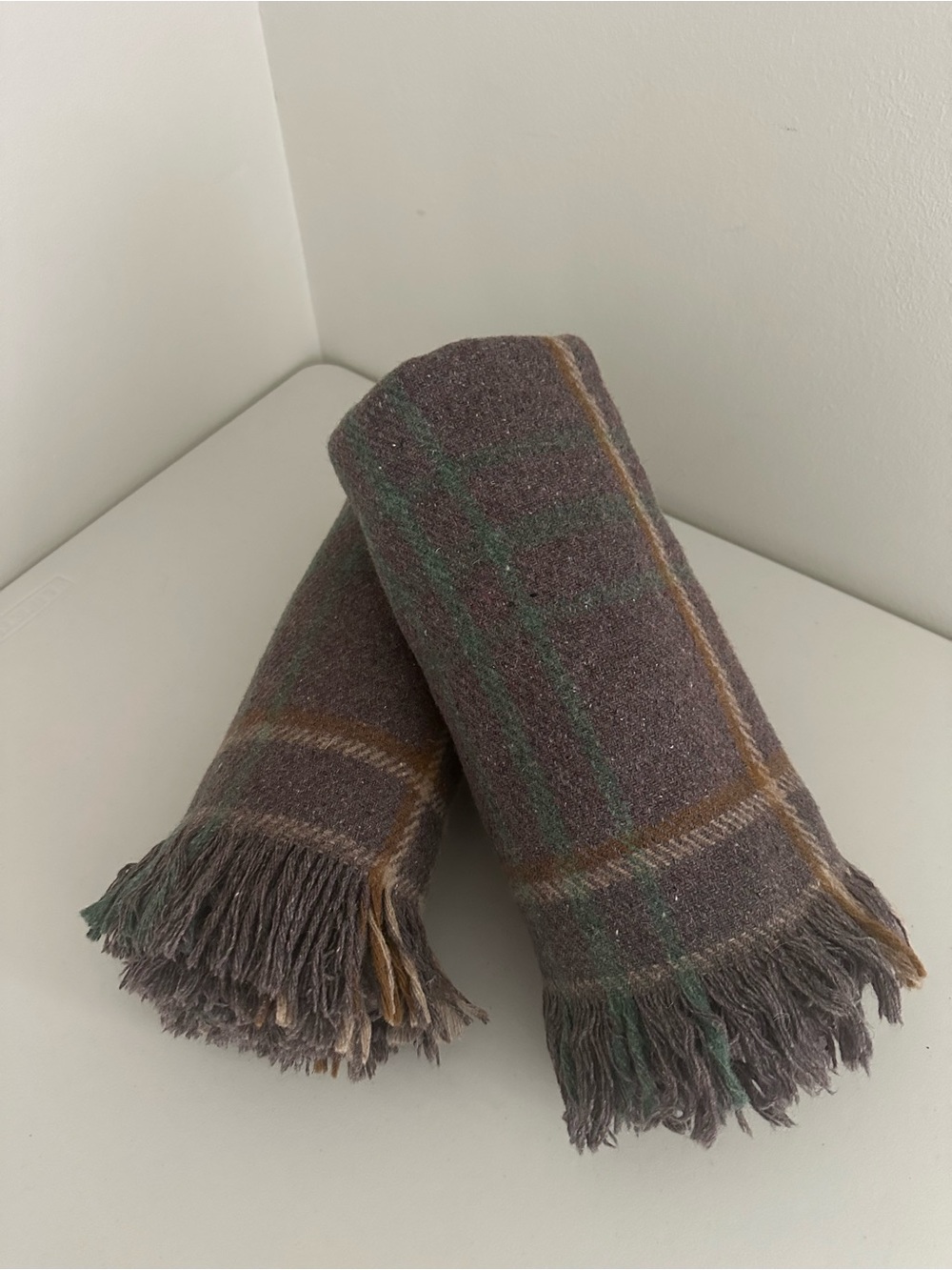 Amana Woolen Mills 100% Wool Plaid Throw Blanket Set of 2 Brown Green 51x56 USA